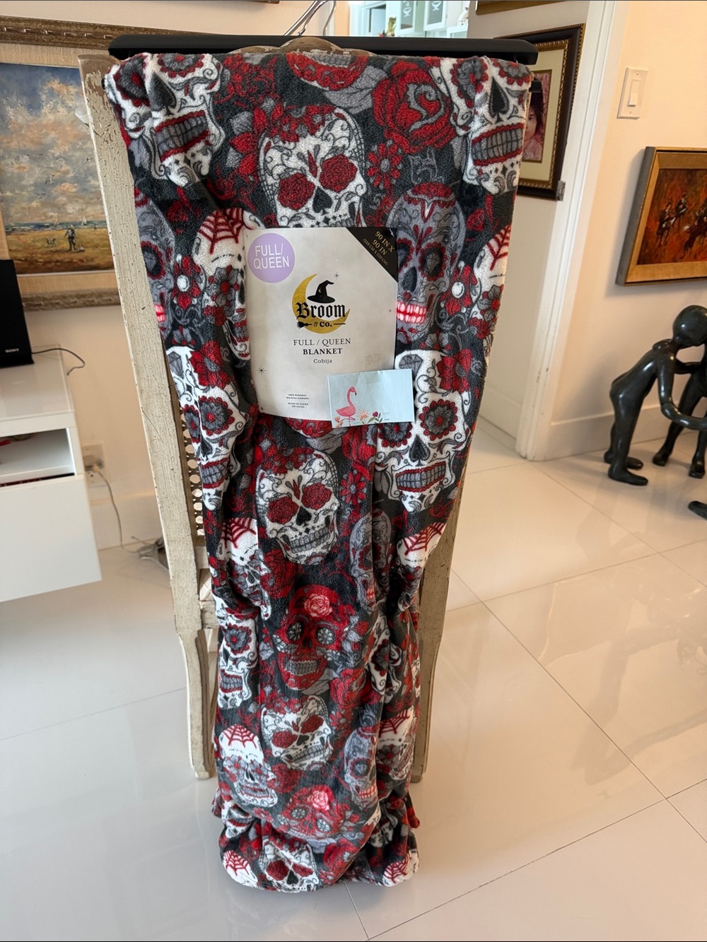 Broom & Co. Halloween Full/Queen Red/White/ Gray Skull & Flowers Throw Blanket